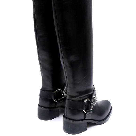 Red Valentino Vero Cuoio Black Leather Under-Knee Biker Boots - Picture 3 of 10